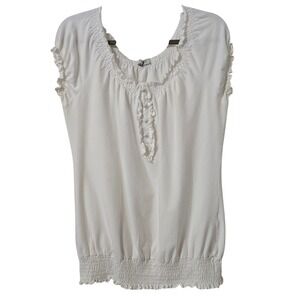 Romy Women's XL Boho-Chic Off-White Peasant Top Ruffle Smocked Hem Cap Sleeve